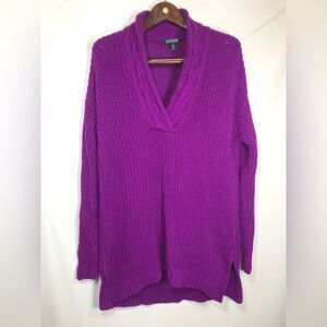 Lauren Ralph Lauren Womens Cotton Cable Knit Sweater Size M Purple Collared